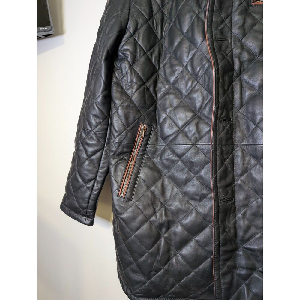 Men’s Quilted Leather Car Coat Black Brown Trim Luxe Minimalist L Heritage NWT - Picture 6 of 12